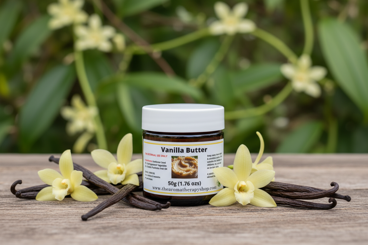 Vanilla Butter 50g jar in natural tropical botanical setting