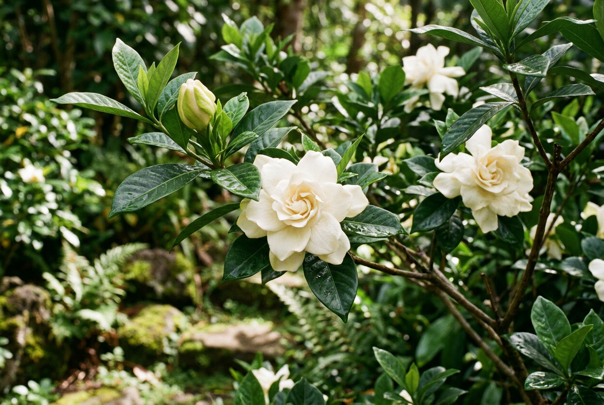 Velvet Gardenia showcase with creamy white blooms in a lush natural garden, without bottles or packaging