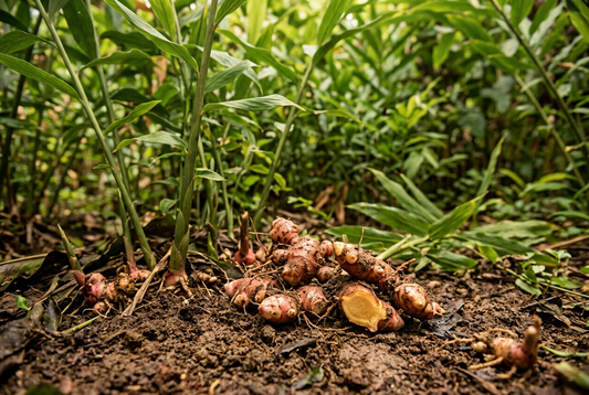 Warming Rhizome showcase with red ginger rhizomes in a natural tropical garden, without bottles or packaging