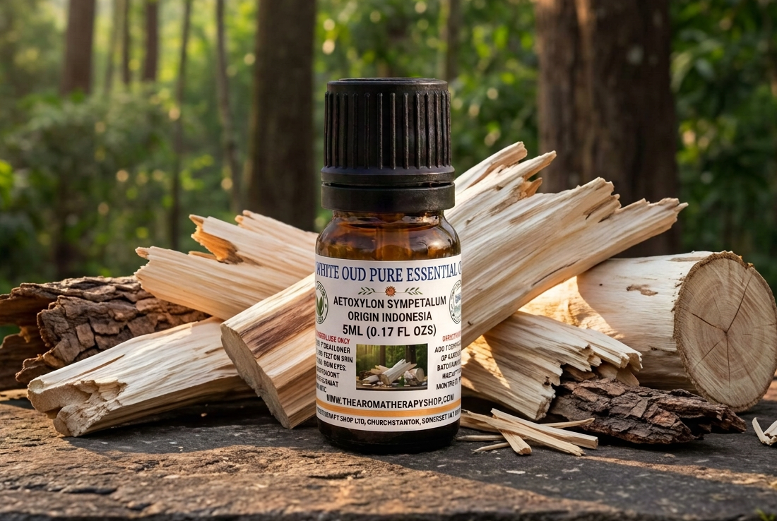 White Oud 5ml showcase with full-sized wood and bark on river stone in an Indonesian rainforest setting