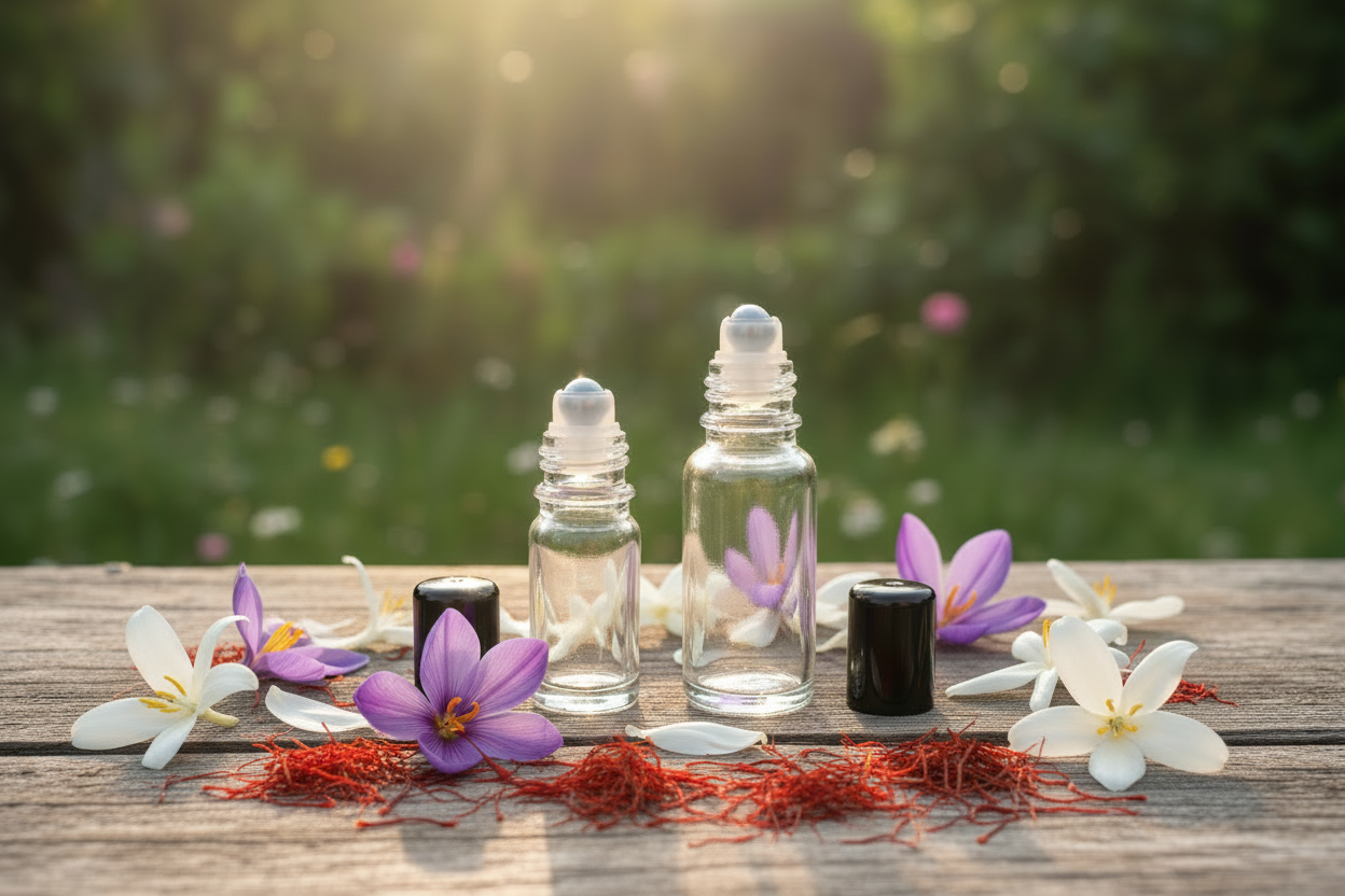 White saffron attar roller bottles