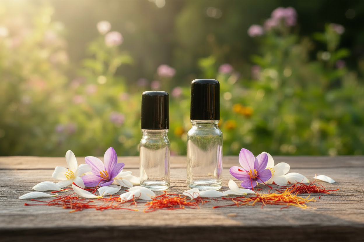 White saffron attar roller bottles