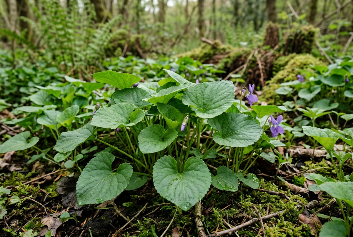Woodland Veil botanical showcase with violet leaves on a naturally lit woodland floor, without a bottle or packaging