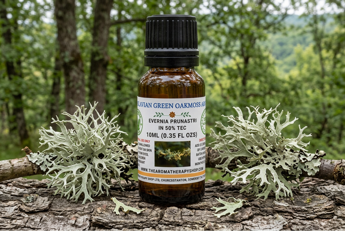Yugoslavian Green Oakmoss Absolute showcase with lichen in a Balkan oak woodland setting